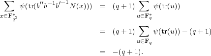  ∑                                  ∑
     ψ(tr(b′′b-1b′-1N (x)))  =  (q+ 1)    ψ(tr(u))
x∈F*2                              u∈F*q
   q                                ∑
                          =  (q+ 1)    ψ(tr(u)) - (q+ 1)
                                   u∈Fq
                          =  - (q +1).

