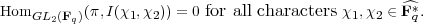 HomGL2(Fq)(π,I(χ1,χ2)) = 0 for all characters χ1,χ2 ∈ ^F*q.
