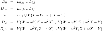 D0 = L0,∞ ∪ L0,1
D∞ = L∞,0 ∪ L1,0
D1 = L1,1 ∪ V(Y - W, Z + X - Y)
2 2
D ω = V(W - ωY, Z - ω X )∪ V (W - ωY, Z + ω X - Y)
D 2 = V(W - ω2Y,Z - ωX )∪ V (W - ω2Y, Z + ωX - Y)
ω