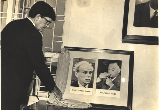 J. H. Williamson unveiling the portraits of Paul Adrian Dirac and Wolfgang Pauli during the Inauguration of the 11th Anniversary celebration on 23 December 1972 