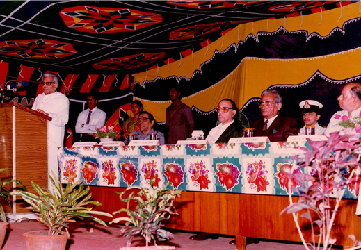 C. Subramaniam addressing the audience during the inauguration of the Nehru Centenary Library on 15 December 1989 . (L-R seated): C. Subramaniam, S . J. Sadiq Pasha, P.C. Alexander, K.R.Unni 