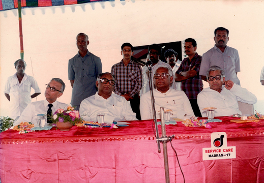 (L-R):  A. Padmanabhan, K. R. Narayanan, C. Subramaniam listening to the speech during the foundation stone laying ceremony of library complex and hostel complex on 13 January 1989
