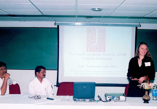 (L-R) : Prof. R Balasubramanian, Dr. M Paul Pandian (Librarian) and the JSTOR trainer during the JSTOR training workshop on 2-3 November 2004. 