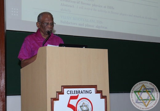 Prof. G. Rajasekaran (IMSc) giving a talk during the R. R. Fest: one-day meeting in celebration of the 80th Birthday of Prof. R. Ramachandran, 05th March 2020