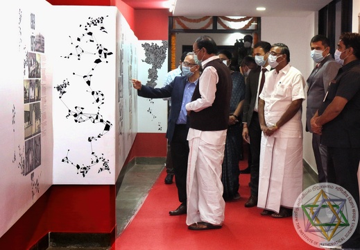Shri M. Venkaiah Naidu looking the permanent exhibition on the history of IMSc, presented by Prof. V. Arvind, during the inauguration of the New Residential Wing of IMSc, located at the DAE Nodal Centre in Pallavaram, on 5th January 2021.