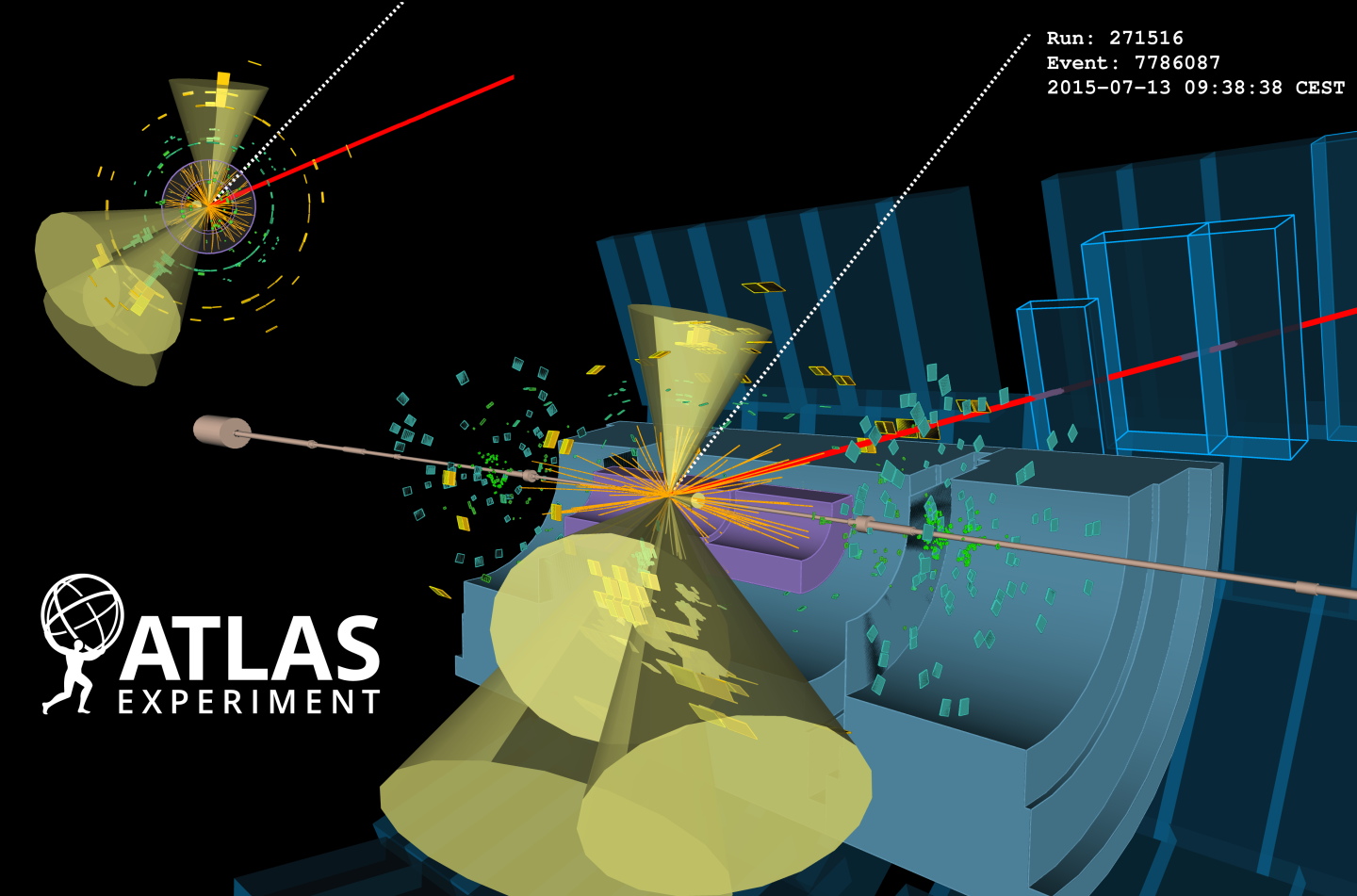 Reconstruction of particle tracks detected from high energy proton collision experiments at the Large Hadron Collider. Image by ATLAS Collaboration, CERN.