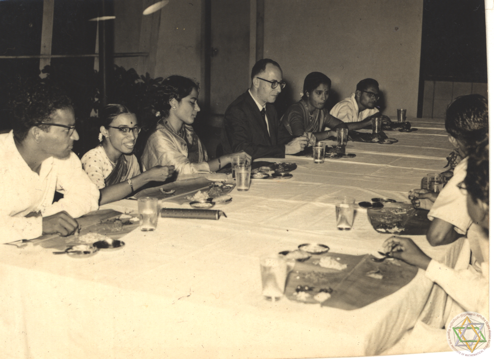 Starting from second from left: G Bhamathi, S Indumathi, McCrea Hazlett, TK Radha and AP Balachandran at a dinner hosted in Alladi Ramakrishnan’s family home, 1961.