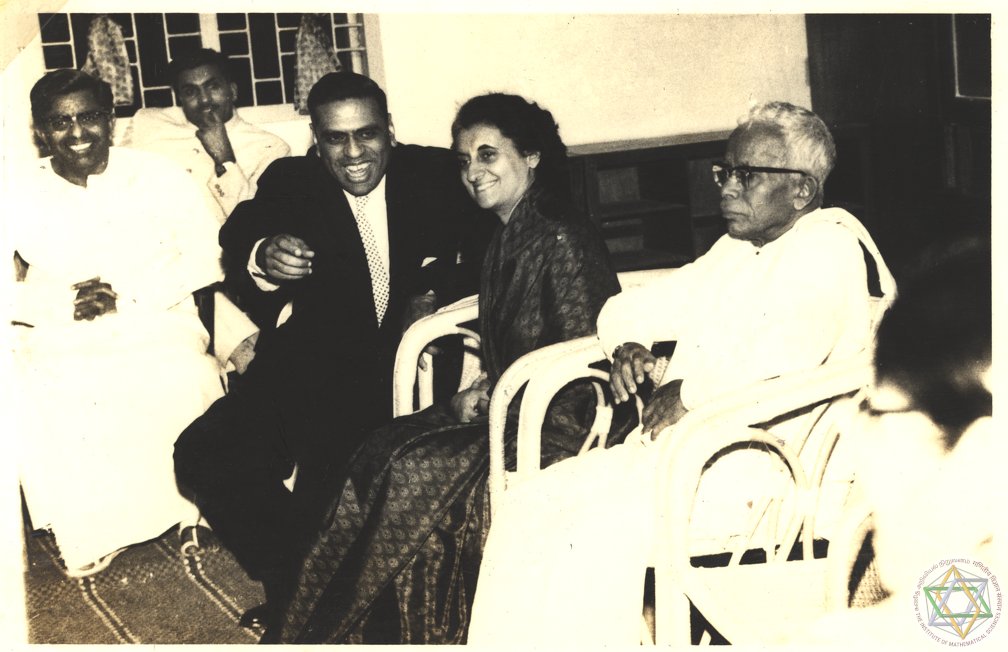 C Subramaniam (left), Alladi Ramakrishnan (third from left), Prime Minister Indira Gandhi and Tamil Nadu Chief Minister M Bhaktavatsalam at the 5th Anniversary Symposium in 1967.