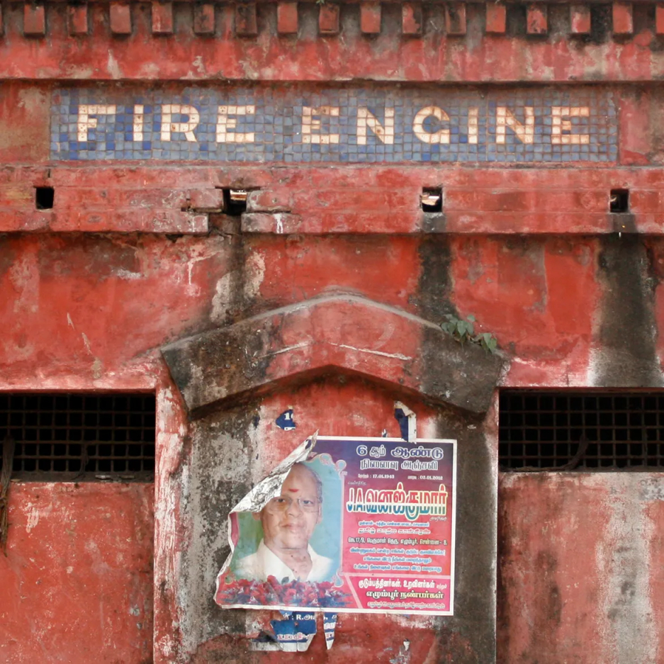 Tiled sign for a fire engine in Parrys Corner, Chennai.