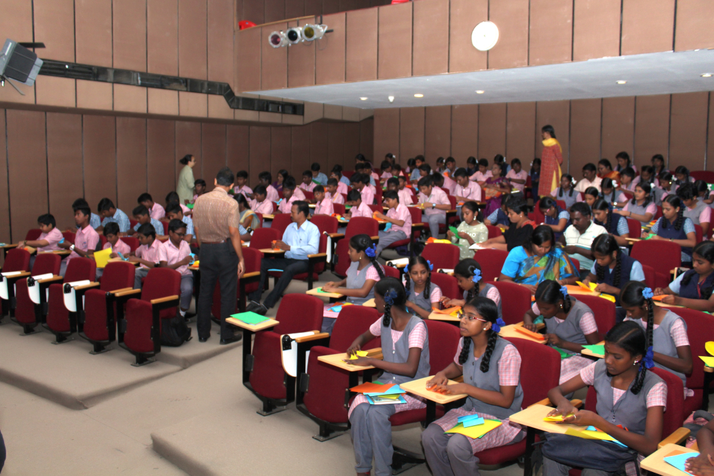 Students exploring geometric shapes using origami in the 2018 edition of Kanita Kanagam. (Photo: IMSc Media)