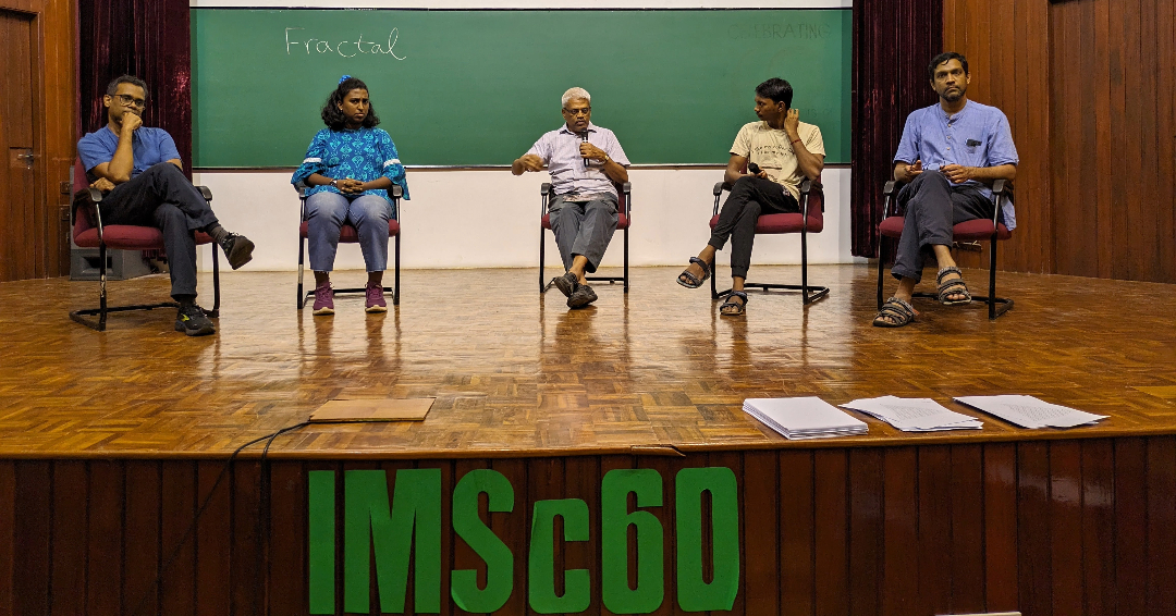 IMSc members engage in a panel discussion on careers in mathematics in the 2023 edition of Kanita Kanagam. From left to right: Amritanshu Prasad, Namratha Aravind (post-doctoral fellow in mathematics), Venkatesh Raman (faculty in theoretical computer science, S Velmurugan (PhD student in mathematics), and Viswanath Sankaran. (Photo: IMSc Media)
