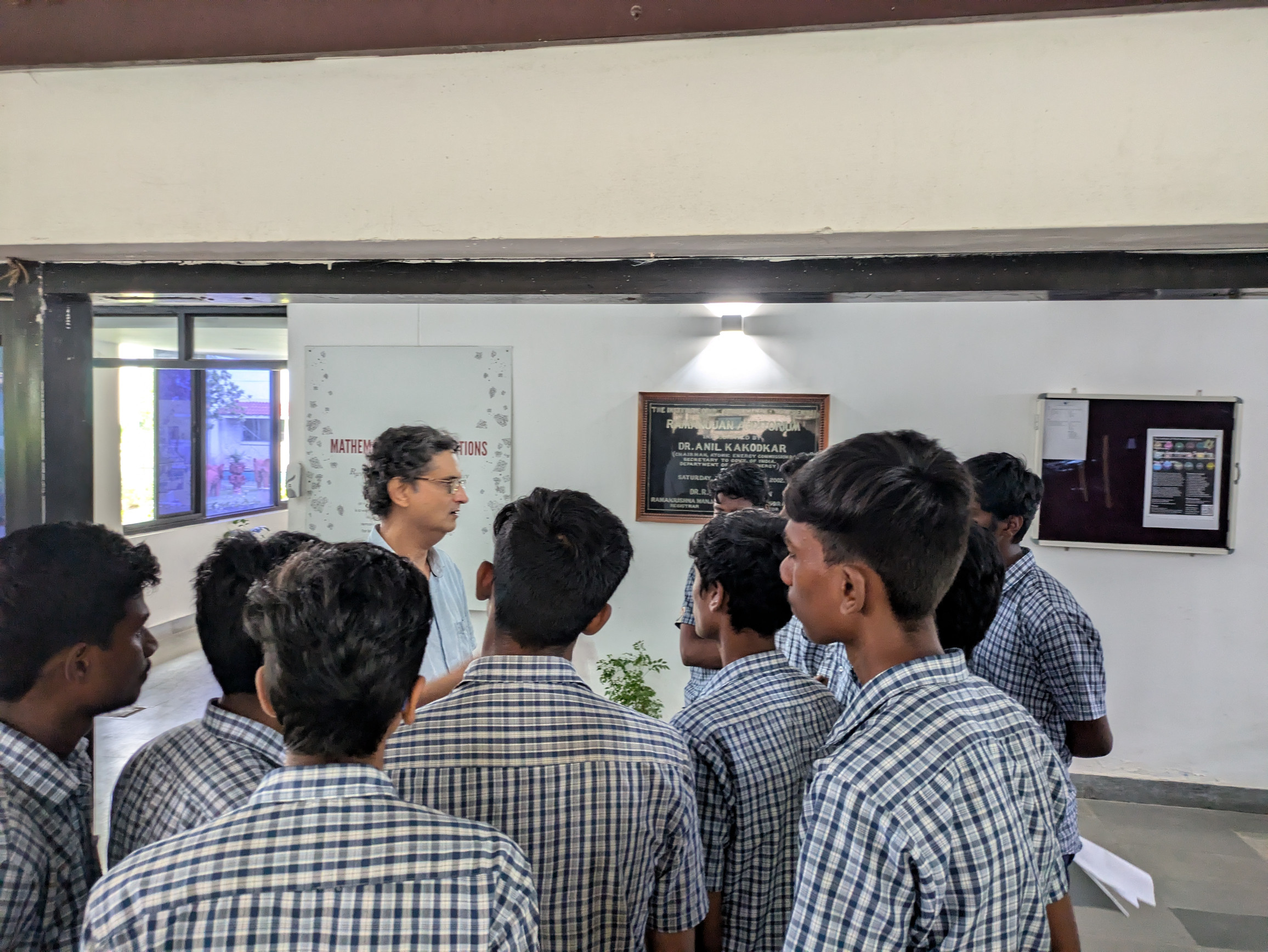 Shrihari Gopalakrishna interacting with students after his talk on fundamental particles. (Photo: Mani)