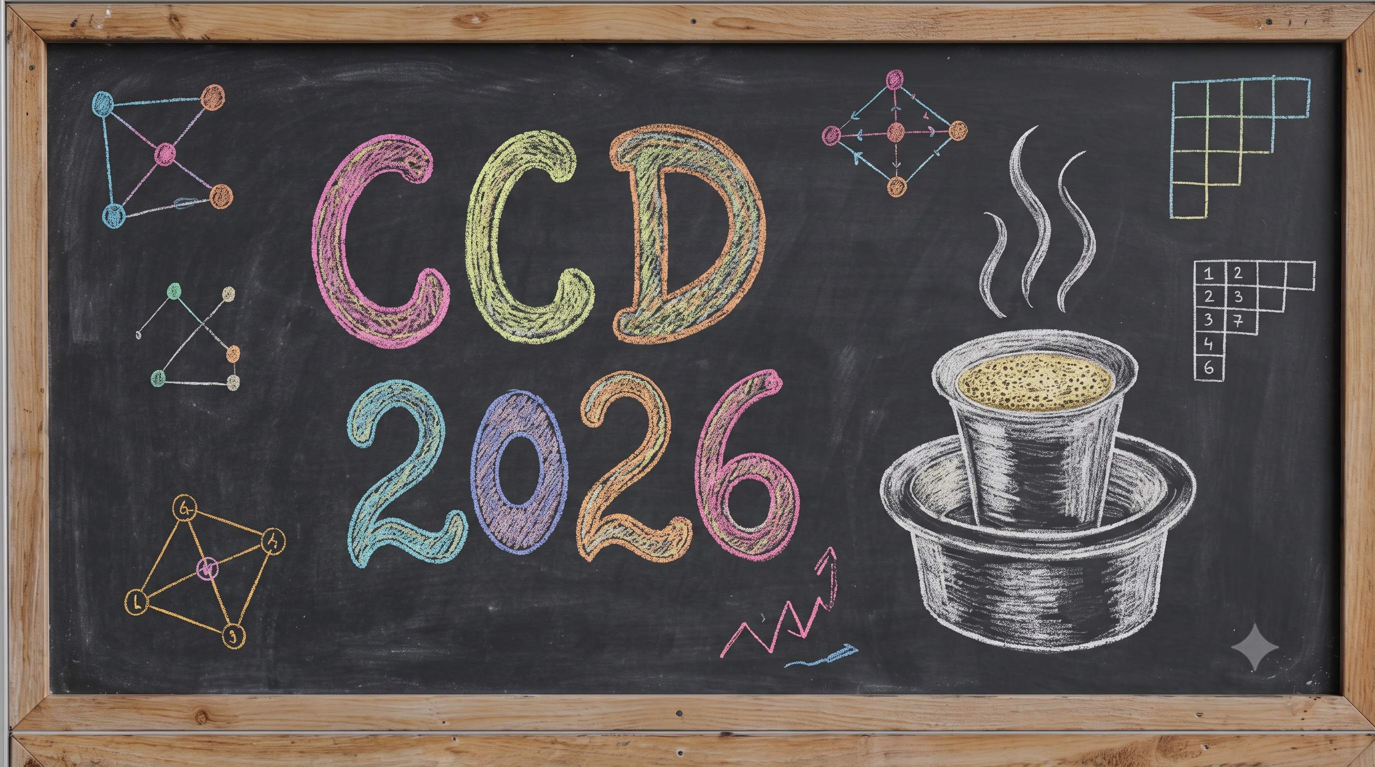 Chalkboard drawing: CCD 2026 with graphs, Young diagrams and a filter coffee tumbler
