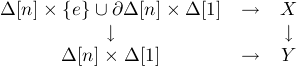 D[n]  {e}U  @D[n]  D[1] -->  X
            |,                 |, 
      D[n]  D[1]       -->   Y
